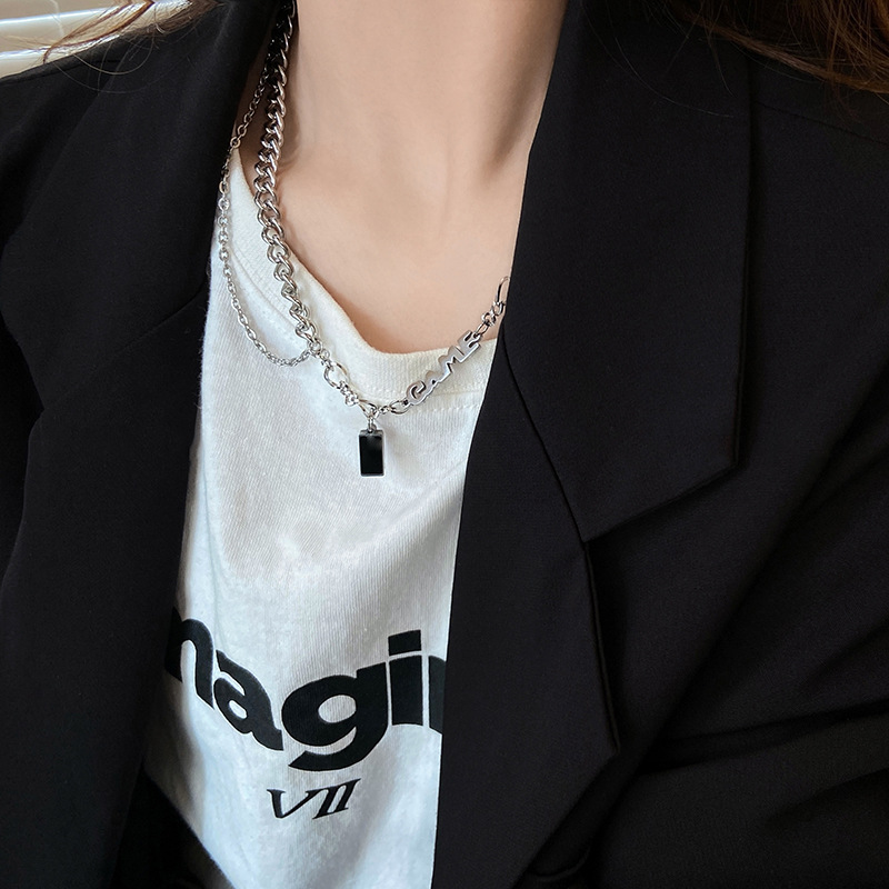 Black zircon letter spliced silver necklace for women, 2023 new hip-hop collarbone chain, Instagram niche and unique necklace Application Scenario