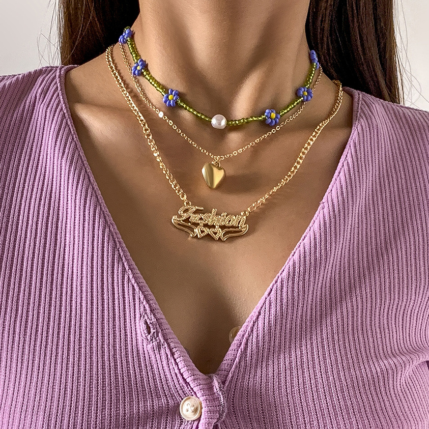 Simple and layered letter-shaped heart sweet and cool collarbone chain, retro imitation pearl flower rice bead necklace, European and American cross-border jewelry Specification drawing