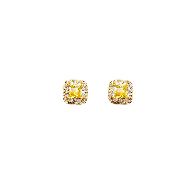 Exquisite micro-inlaid yellow diamond square sugar stud earrings for women, a new 2024 light luxury and high-end style earring, a retro accessory Item Picture