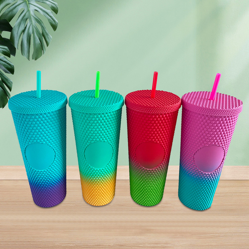 【 Processing and Customization 】 Creative plastic gradient double-layer straw cup available in multiple colors, 710ml colored plastic cup details Picture