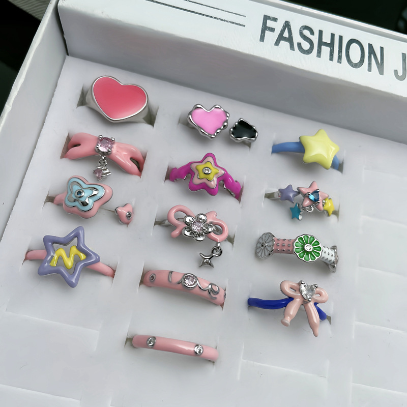 Dopamine colored drip glaze open ring, a unique and niche design with a sweet and cool female style, a star-pink bow ring details Picture