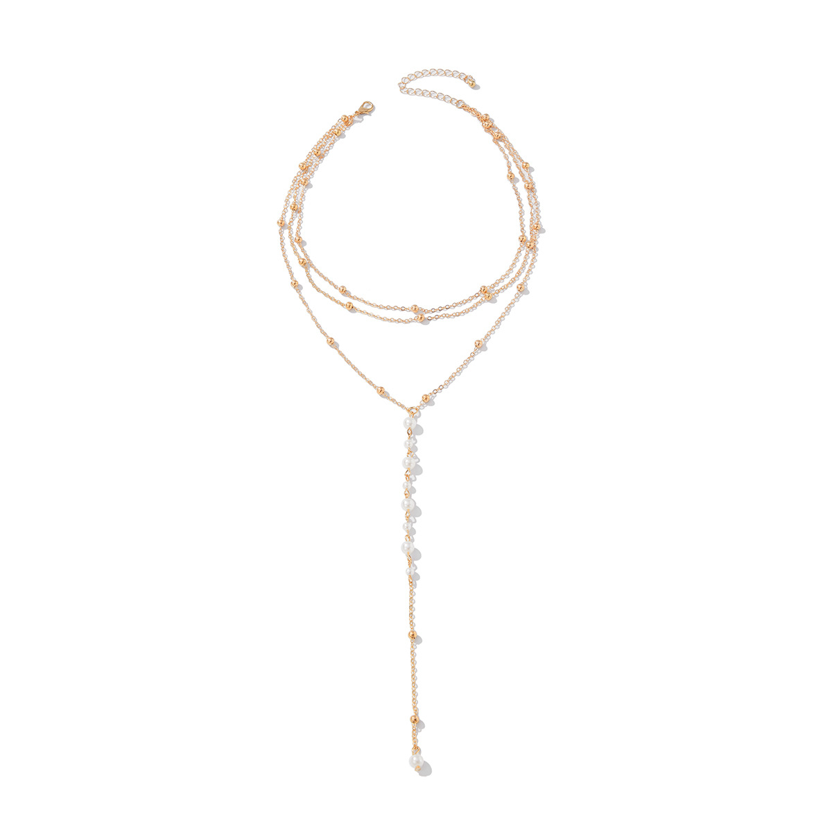 European and American cross-border jewelry, fashionable and simple tassel pearl beaded collarbone chain, multi-layer elegant copper bead chain, Y-shaped necklace Item Picture