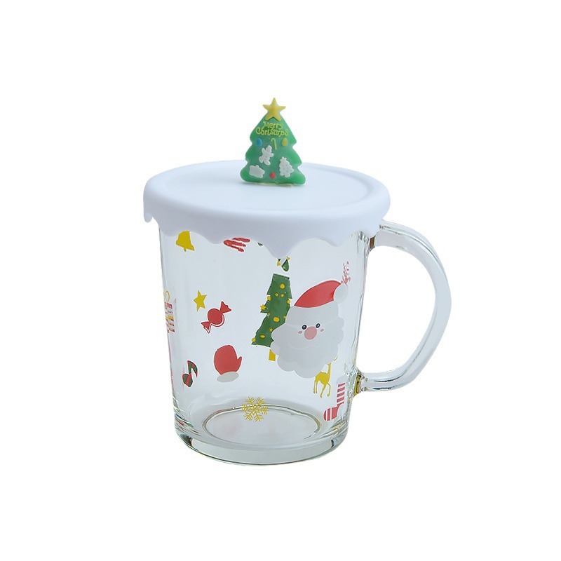 Cute Christmas glass water cup, creative cartoon mug, company opening event gift cup, covered cup Item Picture