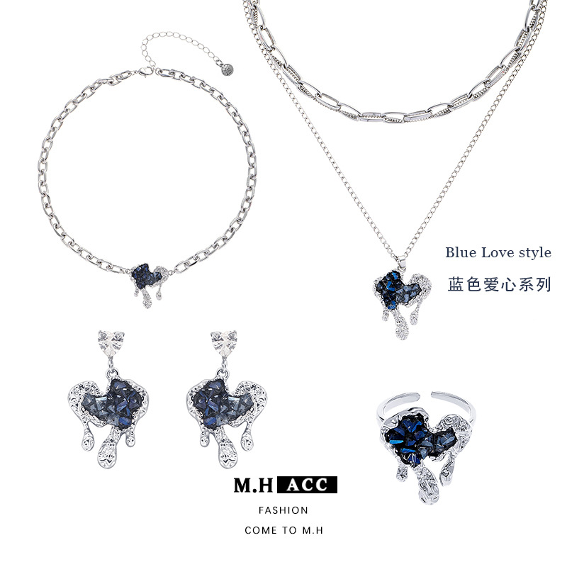 Blue heart-shaped earrings 925 silver needle high-end earrings 2024 New style cold and delicate ins style accessories wholesale full figure