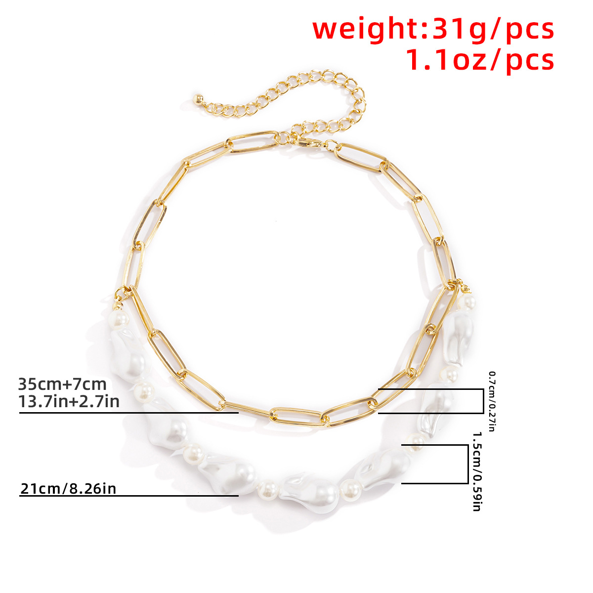 Simple and elegant, irregular-shaped imitation pearl necklace, cold style, multi-layer chain necklace, European and American cross-border snow soft jewelry Specification drawing