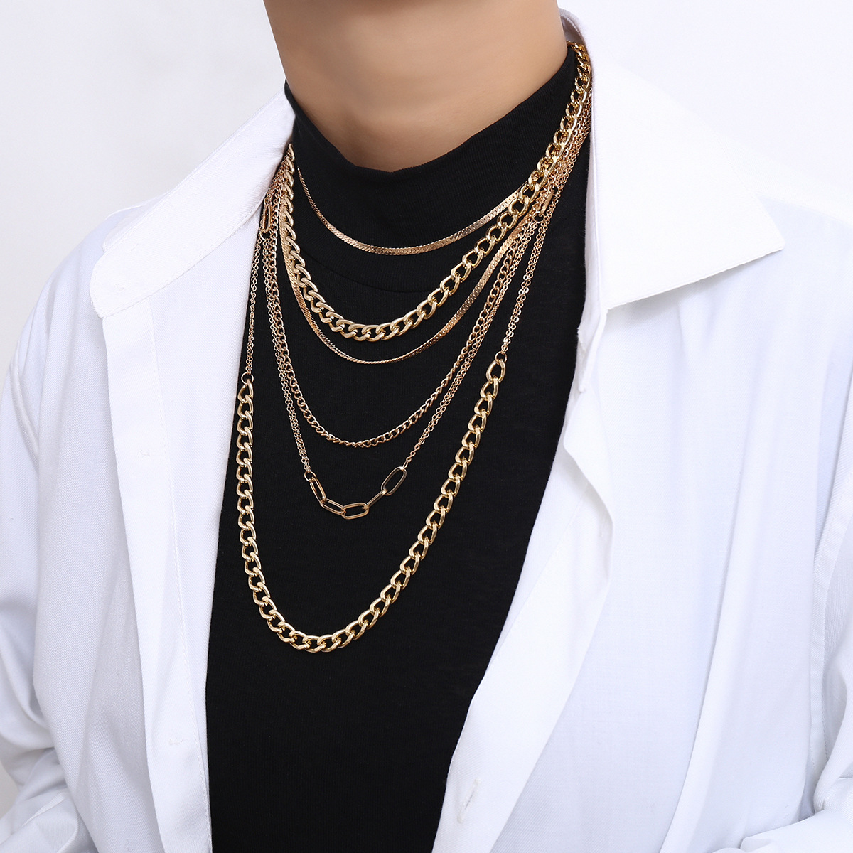 European and American cross-border jewelry punk metal hip-hop set necklace for women, simple mixed and matched cross-chain geometric necklace Specification drawing
