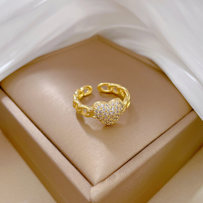 【 Real Gold electroplating 】 Open heart zircon fashionable micro-inlaid light luxury ring index finger ring, the same style as Internet celebrities, cold style Specification drawing