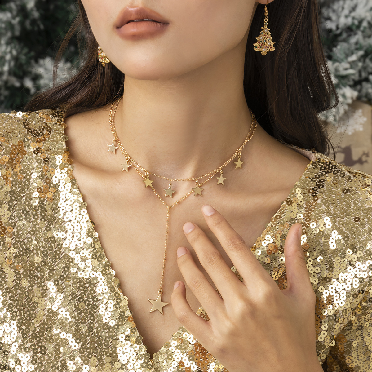 European and American cross-border jewelry, simple metal long sweater chain necklace, Christmas-style velvet star sweet and cool necklace for women details Picture