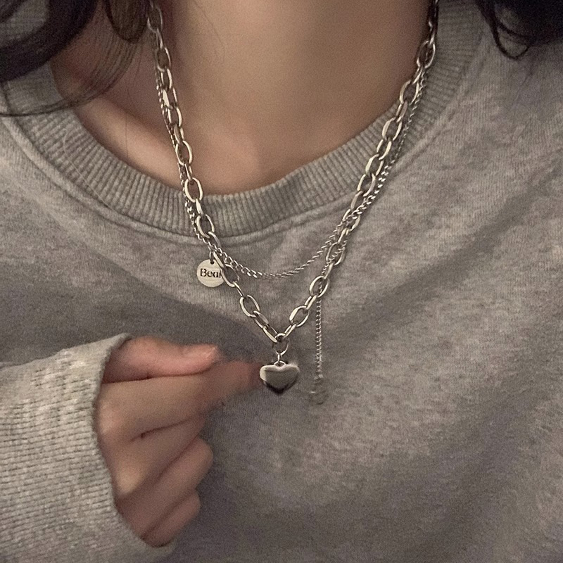 Sweet and cool hot girl titanium steel non-fading heart-shaped sweatshirt necklace, women's light luxury niche accessory 2024 new hip-hop necklace Specification drawing