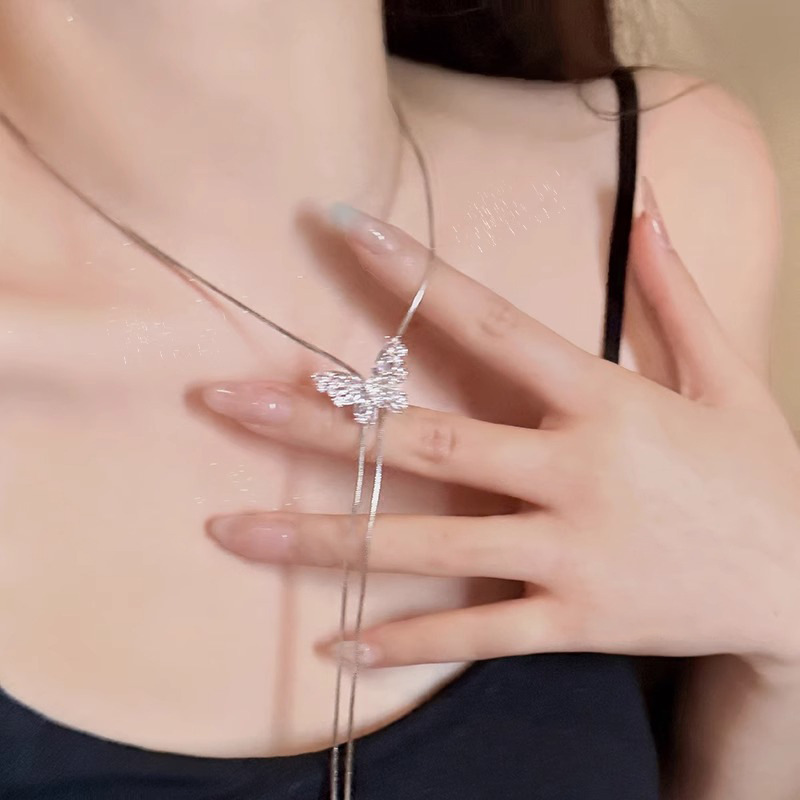 Silver butterfly long tassel necklace for women's spring and summer, a new adjustable collarbone chain with a unique and high-end look details Picture