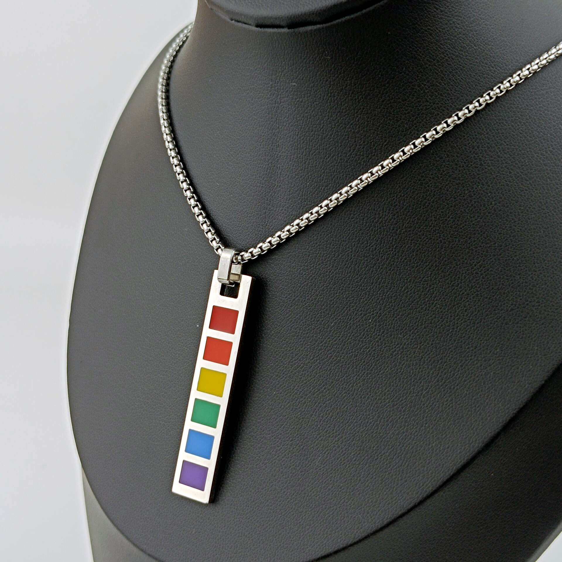 Cross-border best-selling rainbow striped pendant, retro and personalized, trendy men's stainless steel rainbow square pendant accessory necklace details Picture