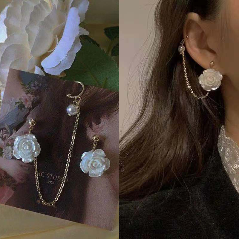 2025 New trendy white rose asymmetrical ear bone clamp one-piece earrings, retro court-style fairy tassel earrings Specification drawing