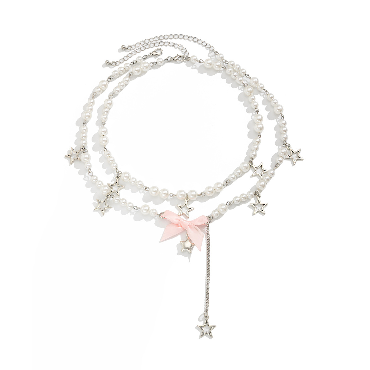 European and American cross-border jewelry, sweet pearl beaded collarbone chain set, fresh and cute bow pendant, multi-layer necklace Item Picture