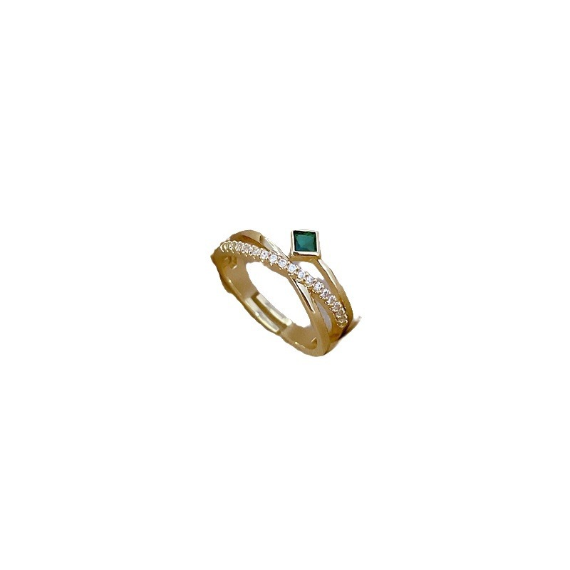 【 Real Gold 】 Cross-green full diamond ring with adjustable opening, simple Japanese-style bracelet, couple rings Item Picture