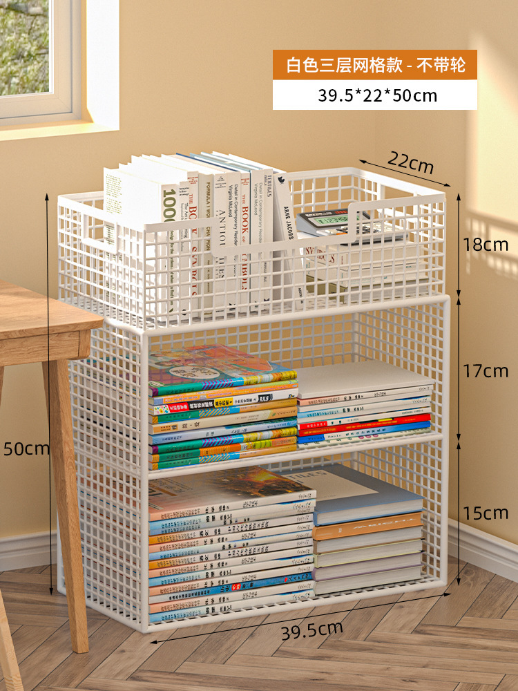Under the desk, a small bookshelf beside the desk, a movable wheeled floor-standing office desk, a trolley for book storage, and a bookcase undefined