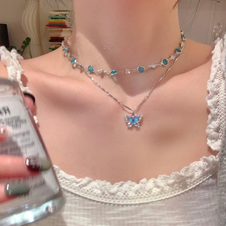 Summer sparkling diamond butterfly necklace with a feminine, light luxury and unique double-layer choker collarbone chain Application Scenario