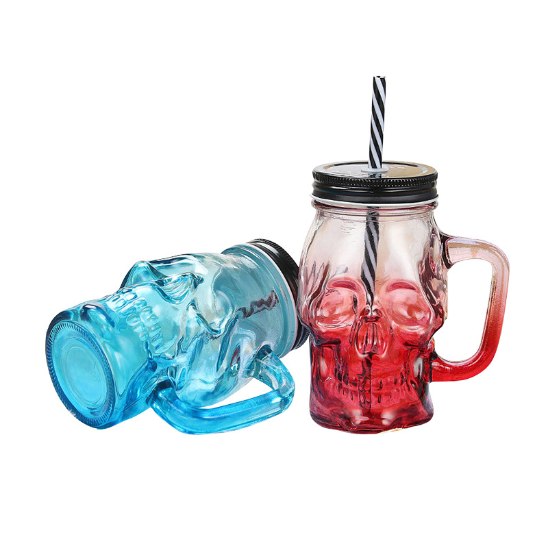 Creative gradient Mason cups, skull cups, beer mugs with straws, water cups with transparent handles, glass cups Item Picture