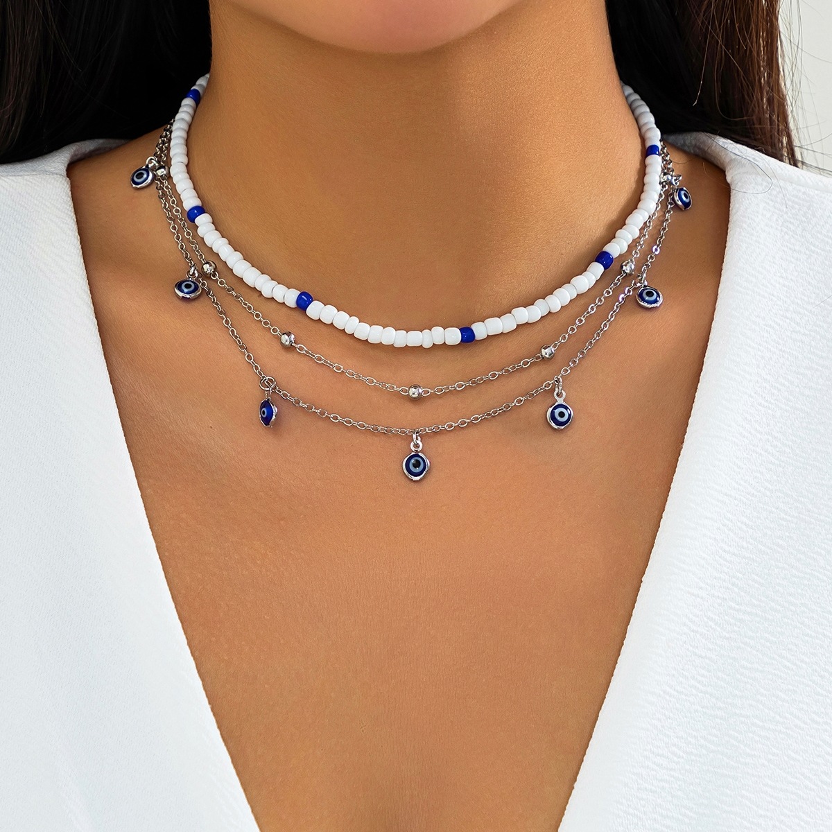 European and American fashion blue eyes retro beaded necklace cross-border accessories ethnic style Bohemian ladies' necklace full figure
