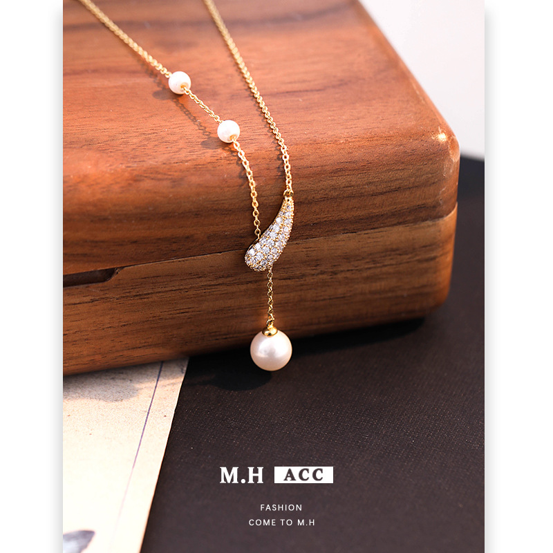 Asymmetrical pearl zircon necklace for women, simple gold collarbone chain, ins brass gold-plated fine chain pendant Specification drawing