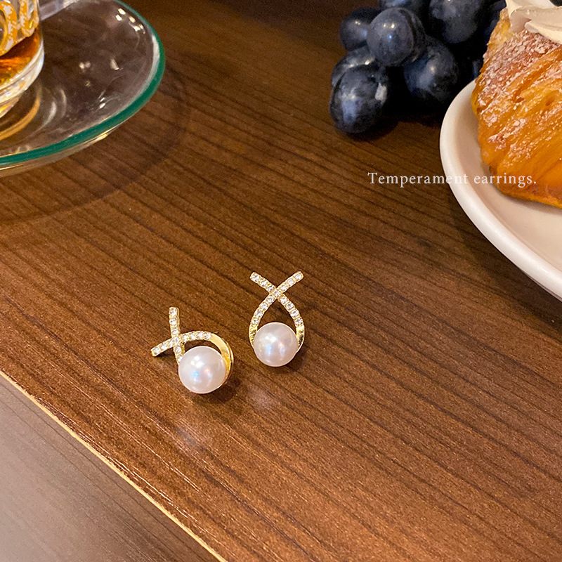 S925 Silver Needle Light Luxury crossed pearl Earrings, women's niche high-end feel, versatile and exquisite diamond-encrusted stud earrings wholesale Specification drawing