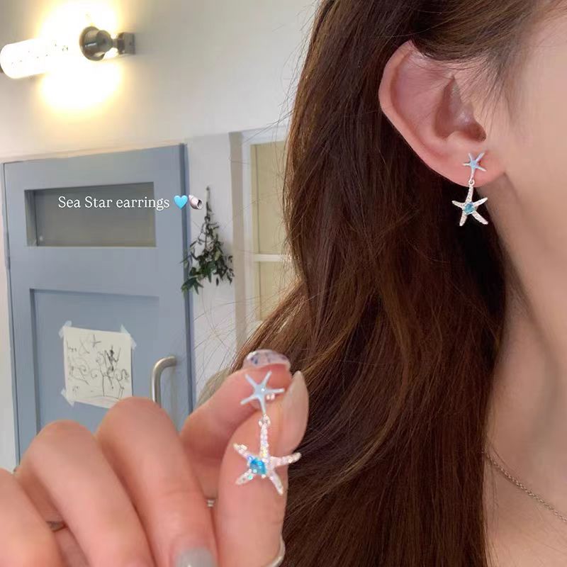 Ocean Heart ~ Blue Zircon Starfish tassel Earrings, a unique and high-end design for women full figure