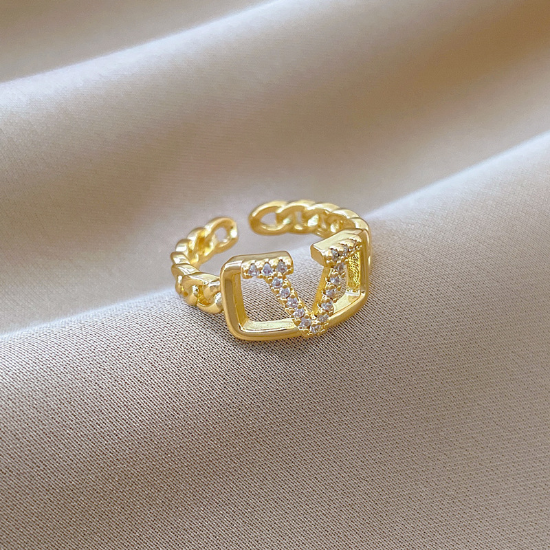 【 Real Gold 】 V-shaped chain full diamond ring with adjustable opening, simple Japanese-style bracelet, couple rings Specification drawing