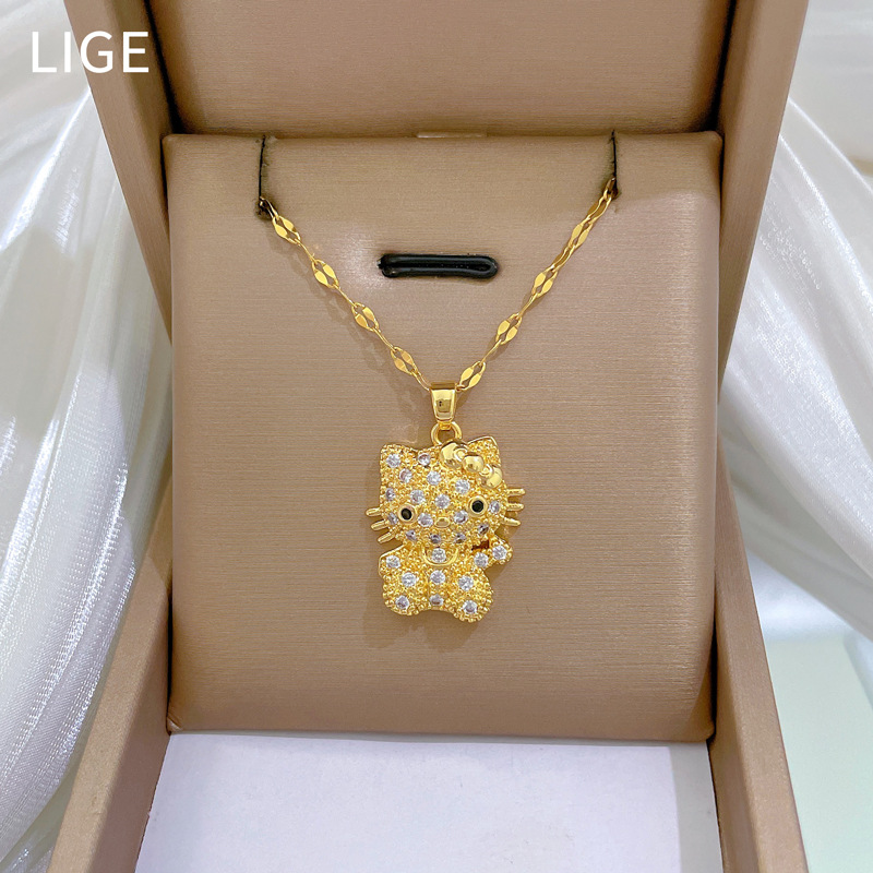 【 Titanium Steel 】 Cat bow, light luxury, elegant and luxurious, full diamond necklace, versatile collarbone chain, titanium steel chain full figure