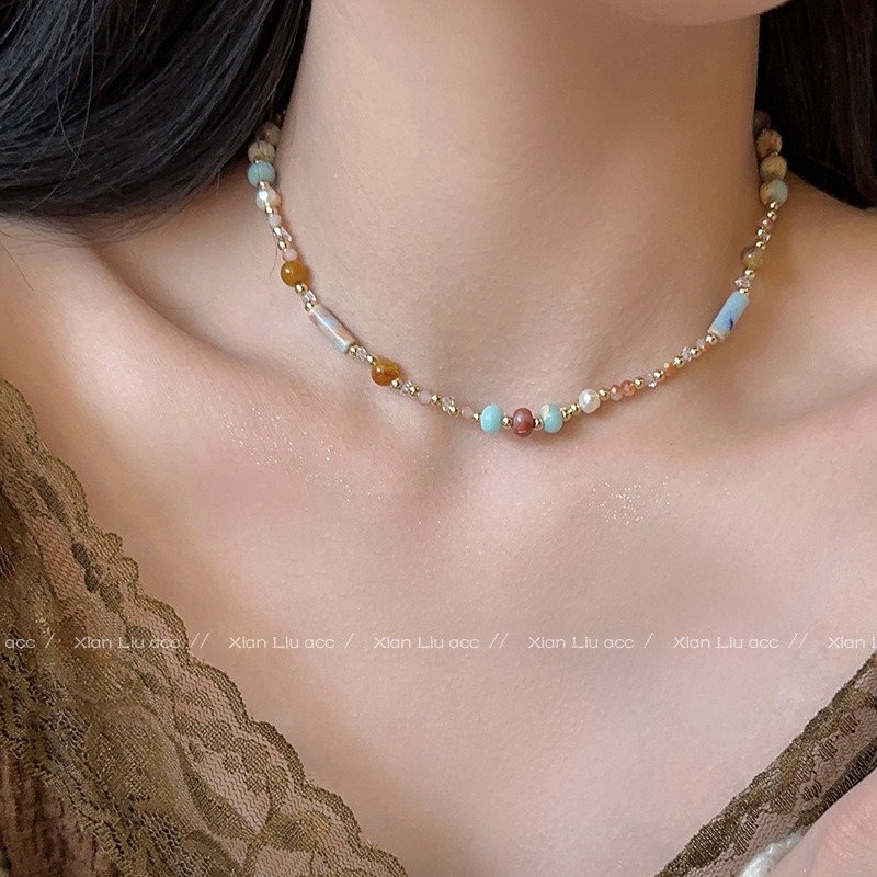 Dopamine rice bead pearl cylindrical beaded necklace, fashionable and elegant, niche collarbone chain, unique and versatile necklace for women full figure