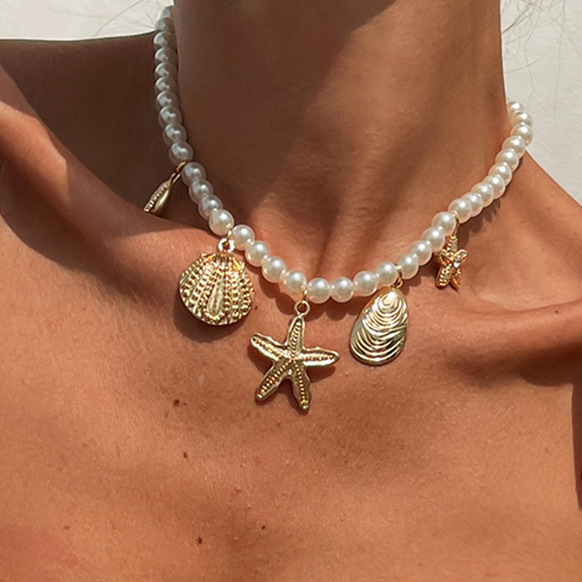 European and American cross-border jewelry design sense metal starfish pearl necklace isn wind scallop alloy necklace necklace full figure