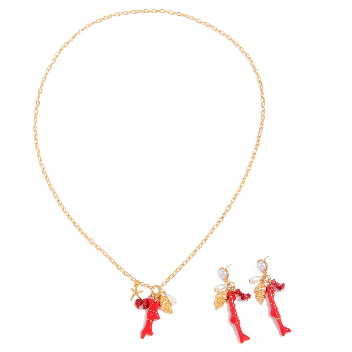 European and American cross-border jewelry vacation style conch and red coral long necklace, fashionable and simple imitation pearl collarbone necklace Item Picture