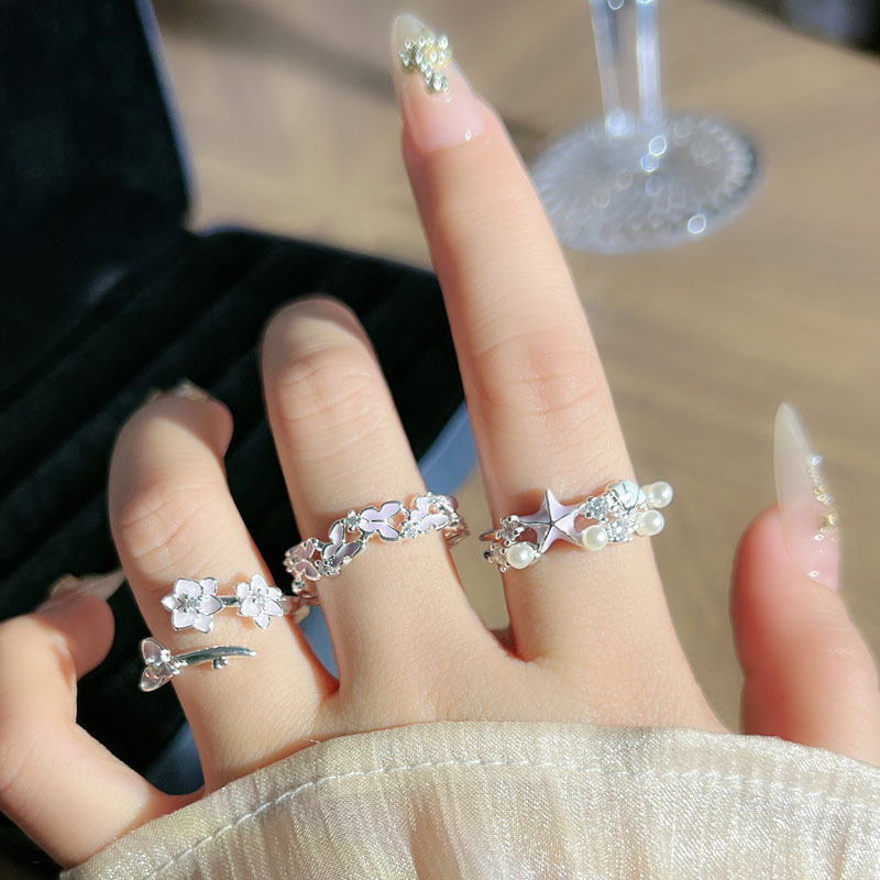 ins minimalist design starfish pearl open ring for women, pink flower butterfly sweet and unique niche ring full figure
