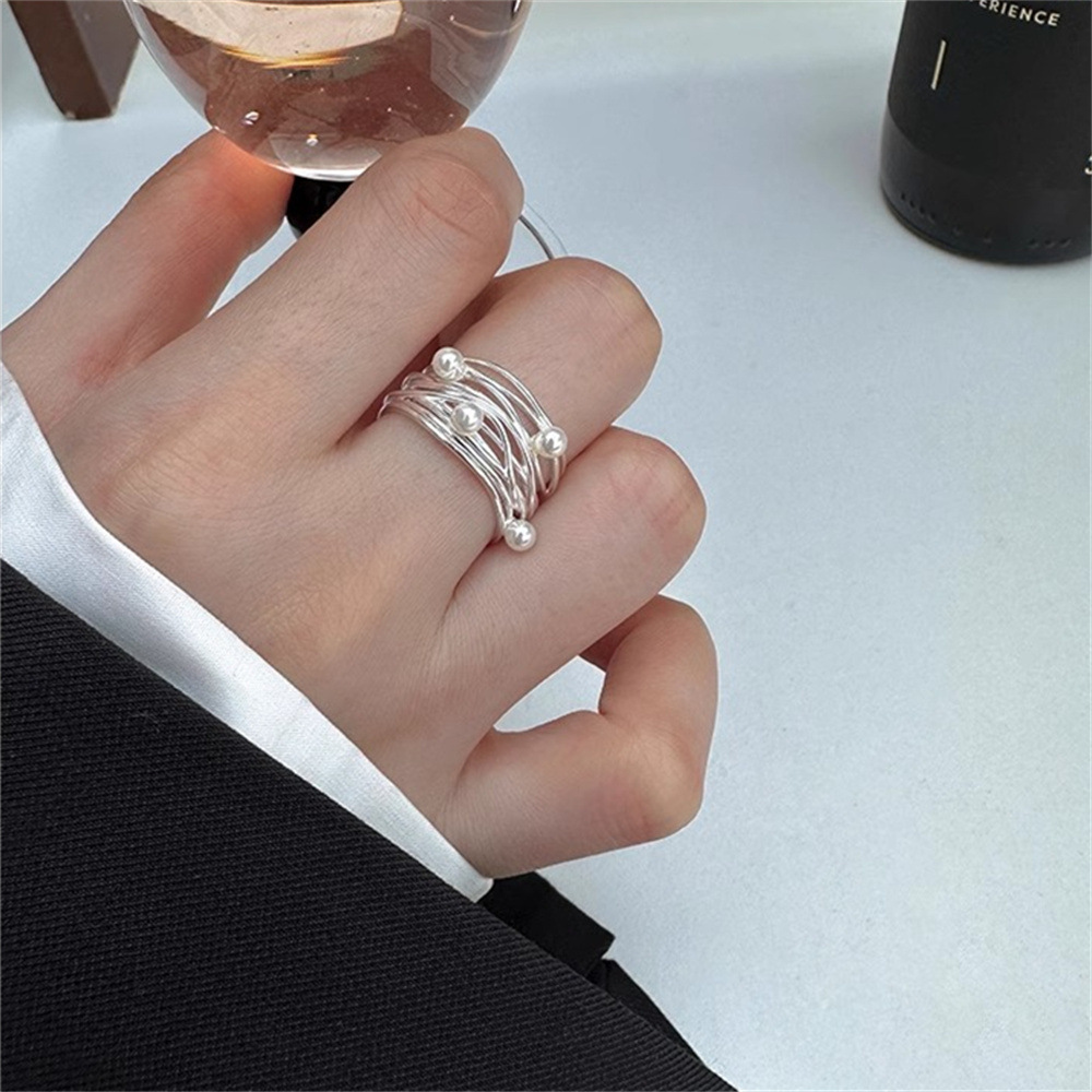 A high-end multi-layer line wound pearl open ring for women, S925 sterling silver, with a light luxury and fashionable niche design Specification drawing