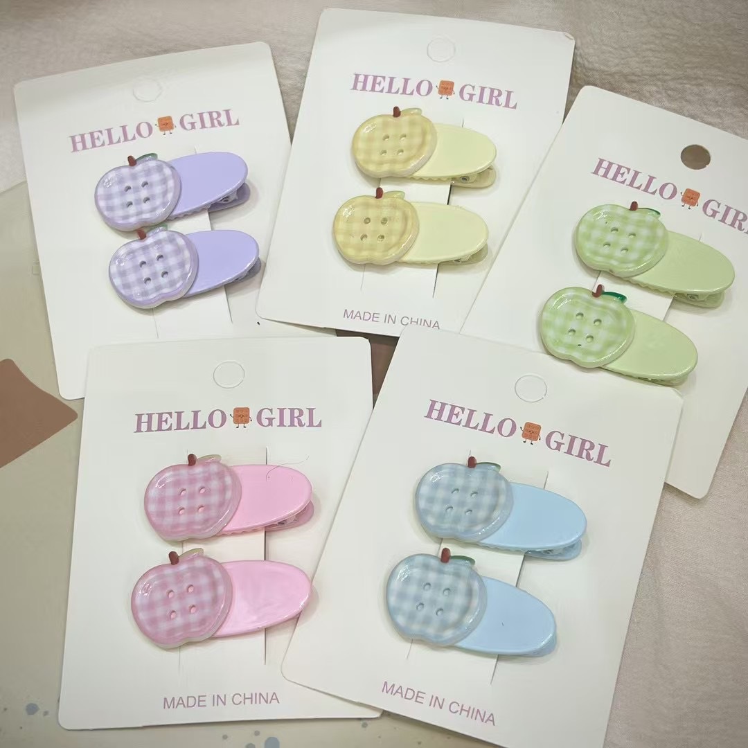 New early spring hair clips with checkered buttons, apple duckbill clips, sweet and cute girl's broken hair bangs clips, and edge clips details Picture