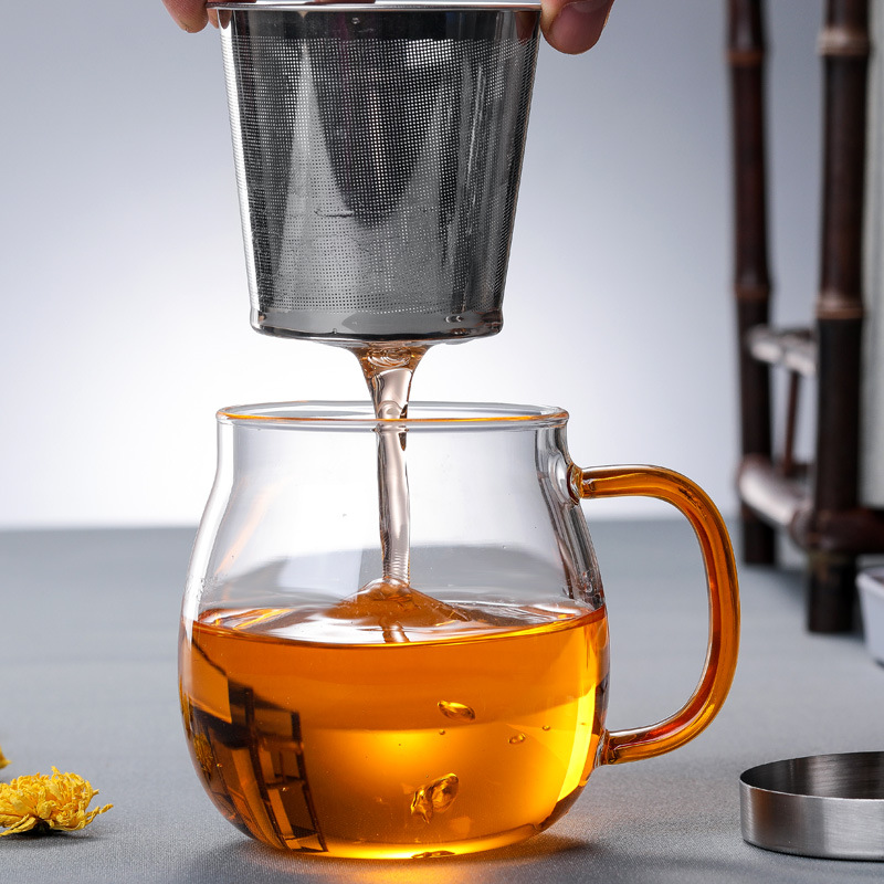 Thickened glass cups, water cups, stainless steel LIDS, transparent cups, wholesale household water cups, tea brewing cups with LIDS, filter flower tea cups Specification drawing