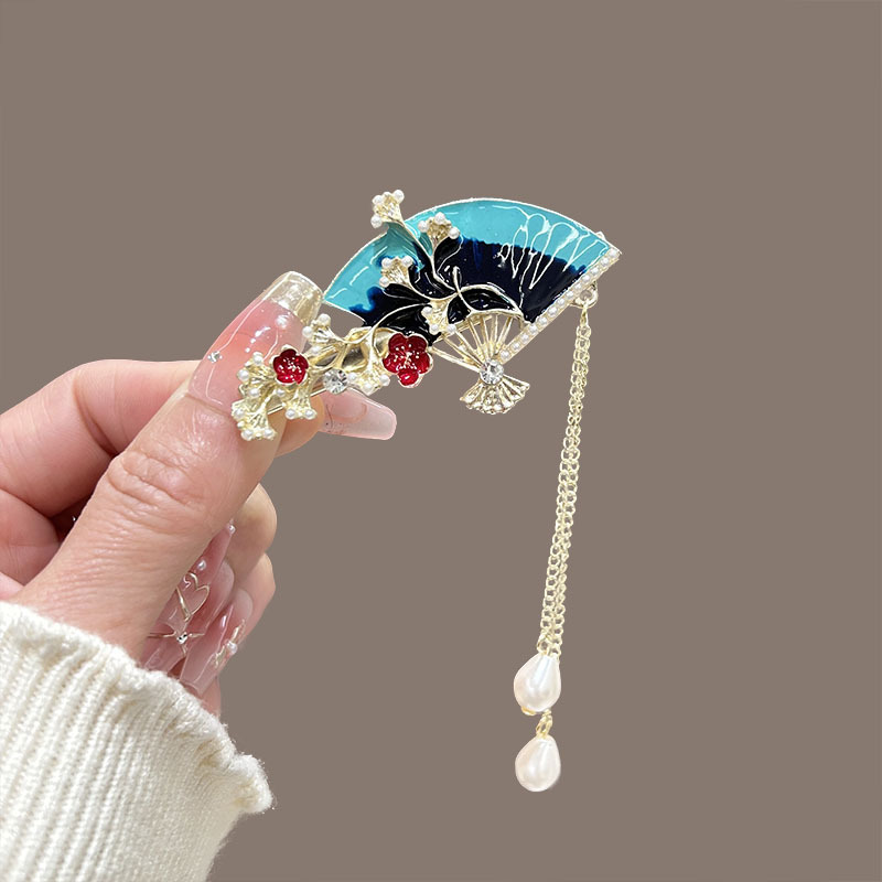 Ancient-style fan tassel hair clips, retro-style step hairpins, Hanfu side bangs clips, new Chinese-style duckbeak clips accessories details Picture