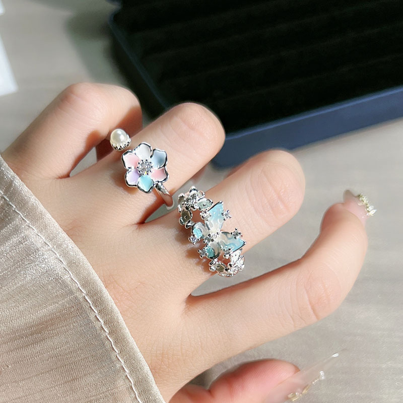 Summer enamel flower open ring with elegant painting style, women's irregular butterfly, fashionable, light luxury and niche design ring full figure