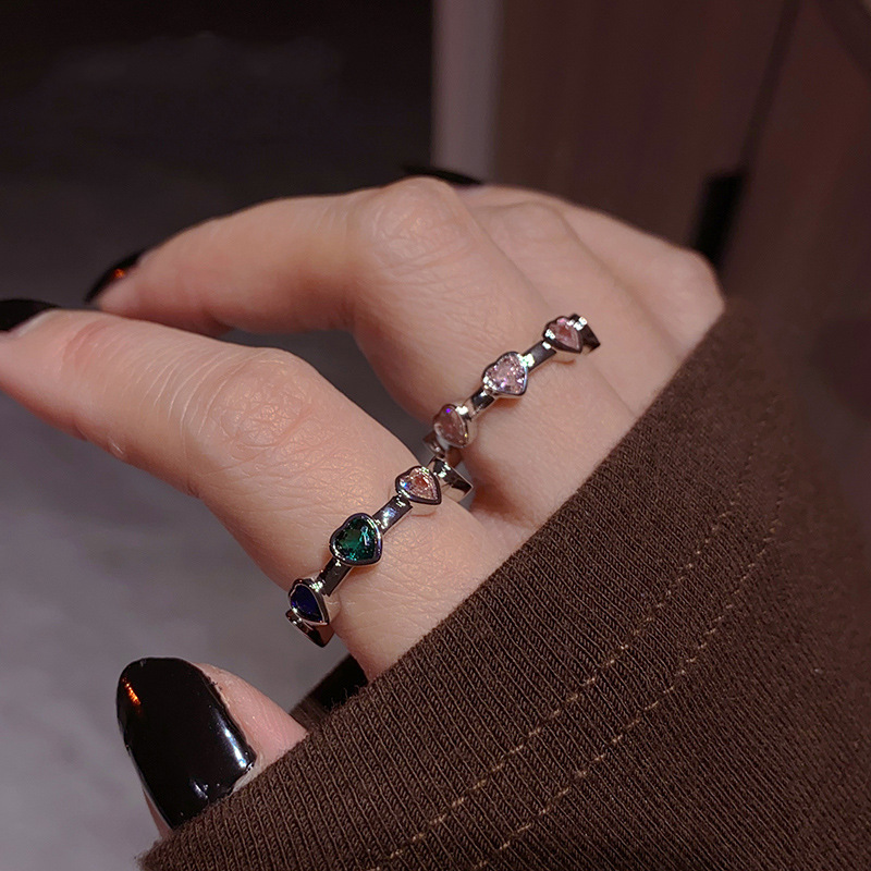 French light luxury and niche design heart-shaped colored diamond zircon open ring for women's 2023 new trendy and simple index finger ring details Picture