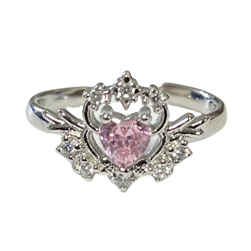 Korean-style light luxury pink diamond heart-shaped sweet and cool exquisite open ring, moonstone chain for women, versatile and fashionable index finger ring trend Item Picture
