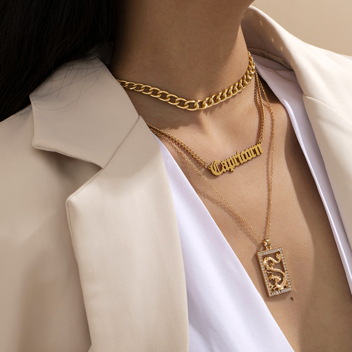 European and American cross-border jewelry, fashionable and elegant tassel necklace for women, simple diamond-encrusted dragon-shaped tag letter necklace set Application Scenario