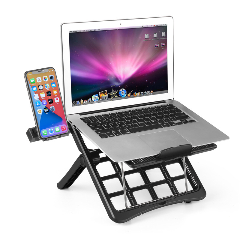 Wholesale of multi-functional notebook computer stand, desktop office upright height-increasing radiator, folding storage plastic rack details Picture