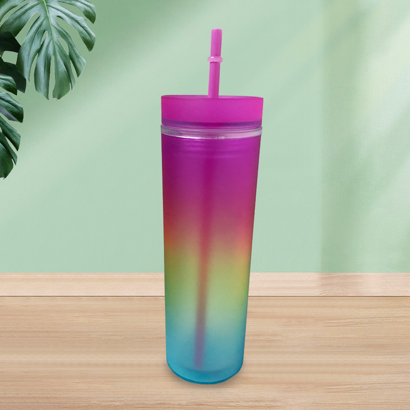 700ml in-stock thermochromic cup, new rainbow color double-layer plastic cup, pp plastic straw cup that changes color when cooled details Picture