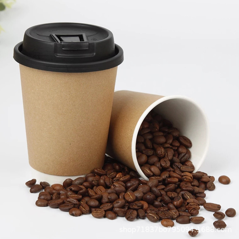 Hollow cup, double-layer kraft paper cup, disposable coffee cup, milk tea cup, thickened with lid, packed, heat-resistant and heat-insulating paper cup details Picture