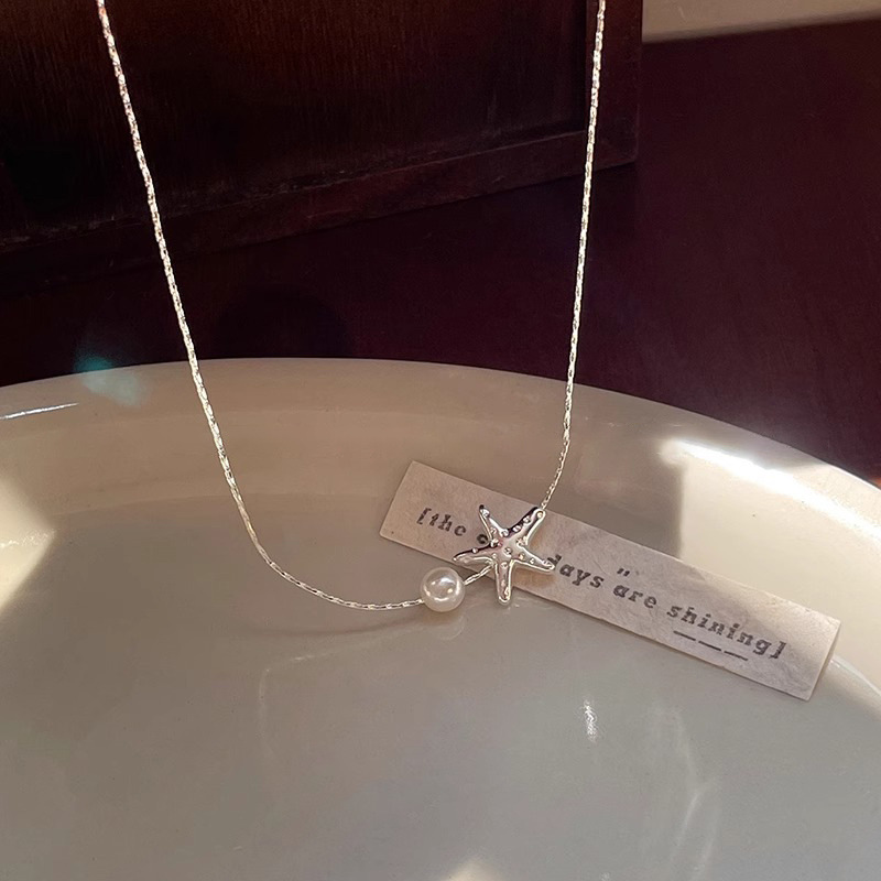 Summer beach silver starfish necklace for women, light luxury, niche and simple style, pearl collarbone, internet-famous necklace wholesale details Picture