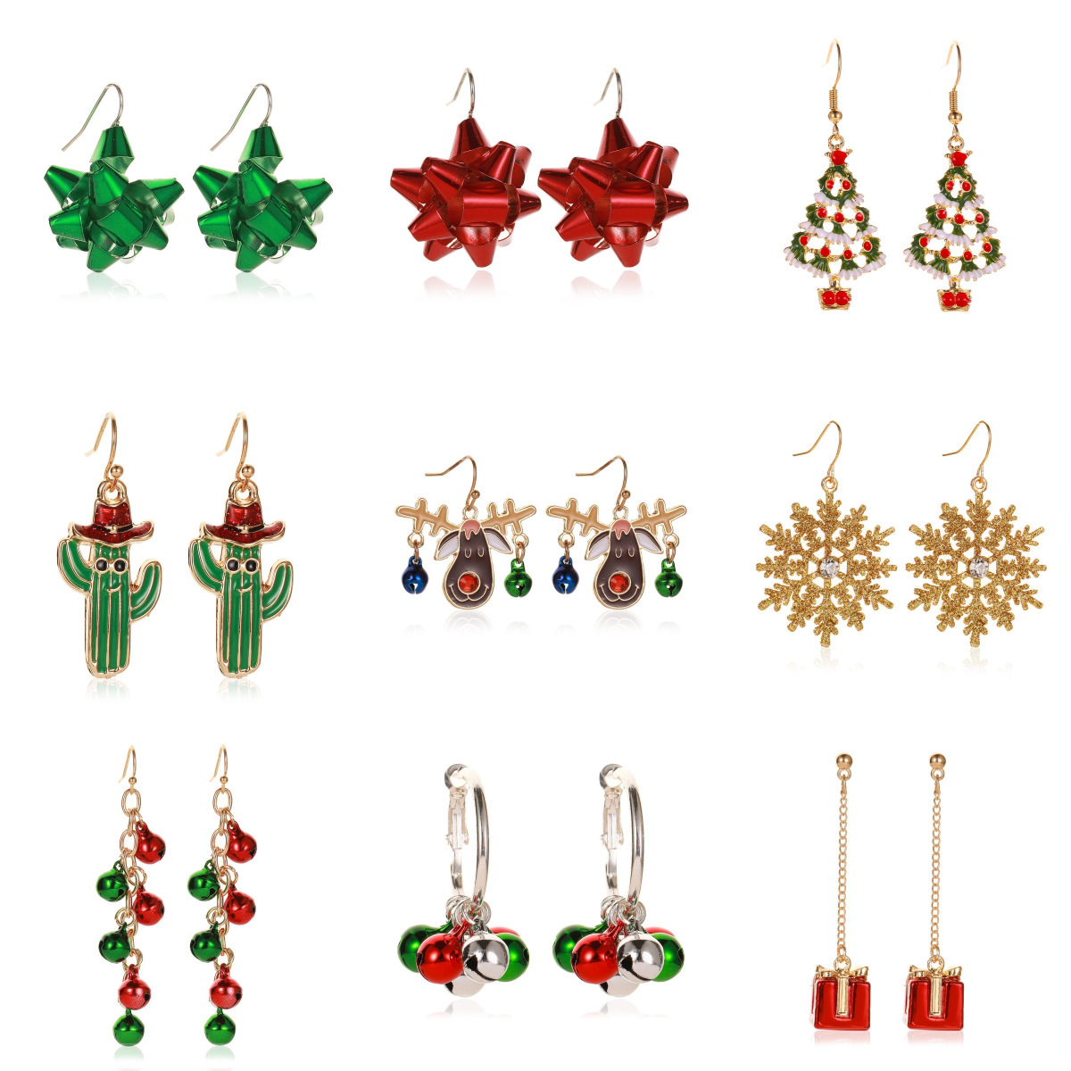 Christmas snowflake ribbon earrings, cartoon bells, Christmas gifts, tassel earrings, elk bells, cute earrings details Picture