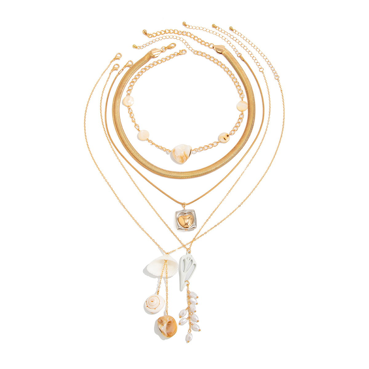 European and American cross-border jewelry, Bohemian imitation pearl shell multi-layer pendant necklace, ins design sense flat snake bone chain Item Picture