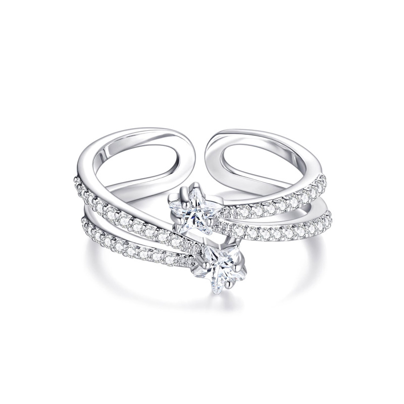 This is a niche design with a fashionable and elegant style. It features a double-layered star-encircled open ring with a cold and delicate diamond-encrusted five-pointed star ring Item Picture