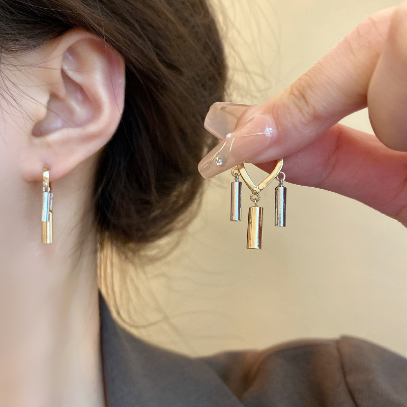 European and American cold style cylindrical tassel ear buckles, women's niche individuality, versatile, trendy earrings, high-end earrings wholesale details Picture