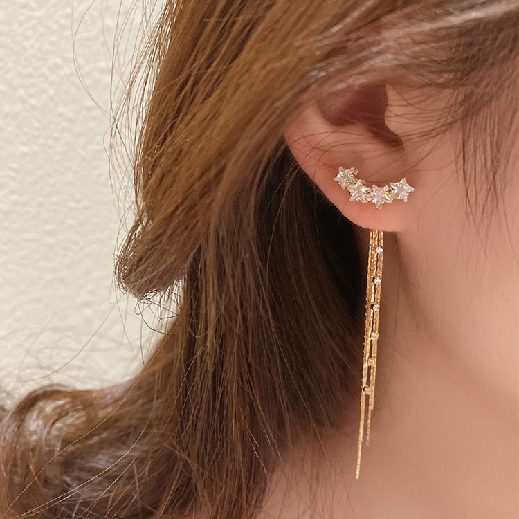 A pair of zircon five-pointed star long tassel earrings for women, fashionable, light luxury, versatile and elegant earrings and earrings Specification drawing