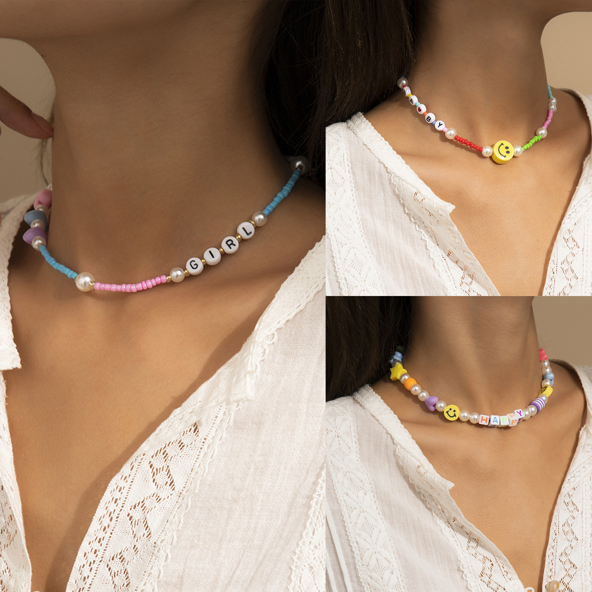 A cross-border handcrafted beaded soft ceramic smiling face necklace from Europe and America, with a unique and simple style and a mix of rice beads and stars Specification drawing