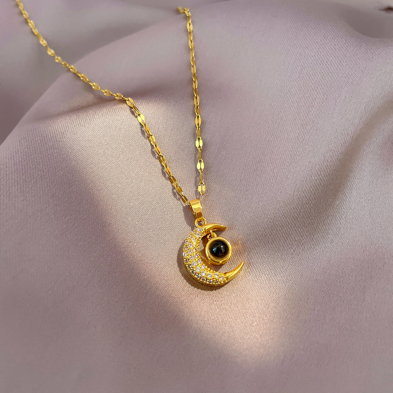 【 Titanium Steel 】 One Hundred Languages I Love You Necklace, Female Moon projection, Internet celebrity, Versatile collarbone chain, Titanium steel chain Specification drawing